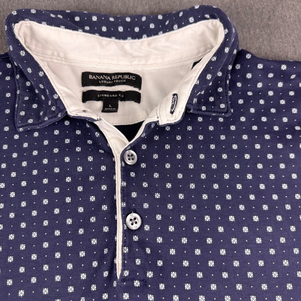 Banana Republic Luxury Touch Polo Shirt Mens Large Navy Blue Geometric Print L